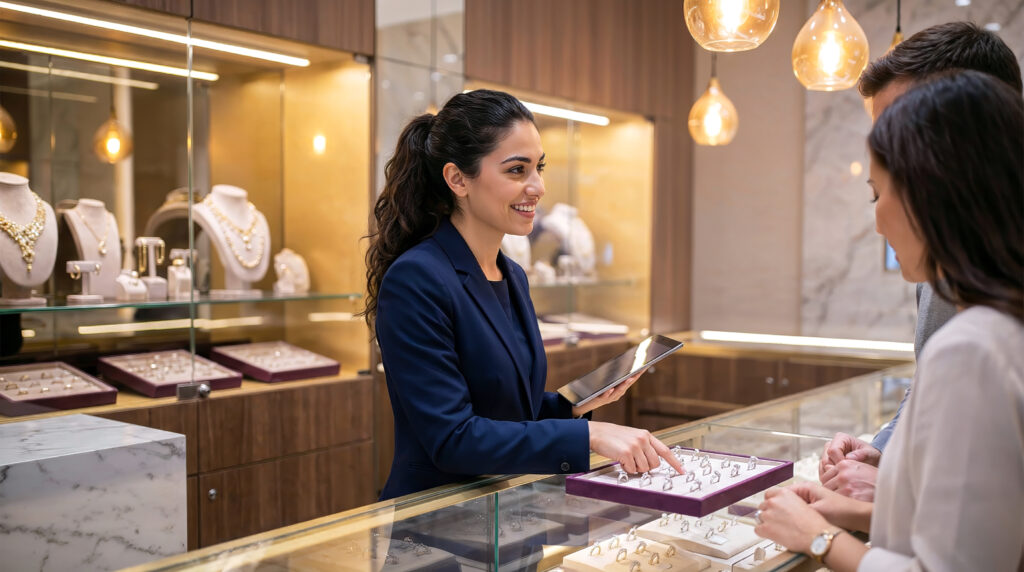 jewelry store employee, holding a tablet, helps customers choose rings, providing information on the price and manufacturer of the jewelry copy space about holiday gifts